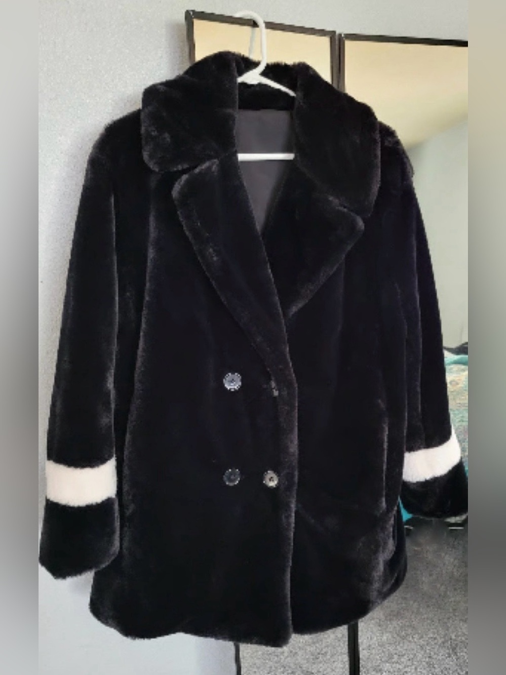 Kensie Girl Black Teddy Coat with White Cuff Stripe Reversible XL